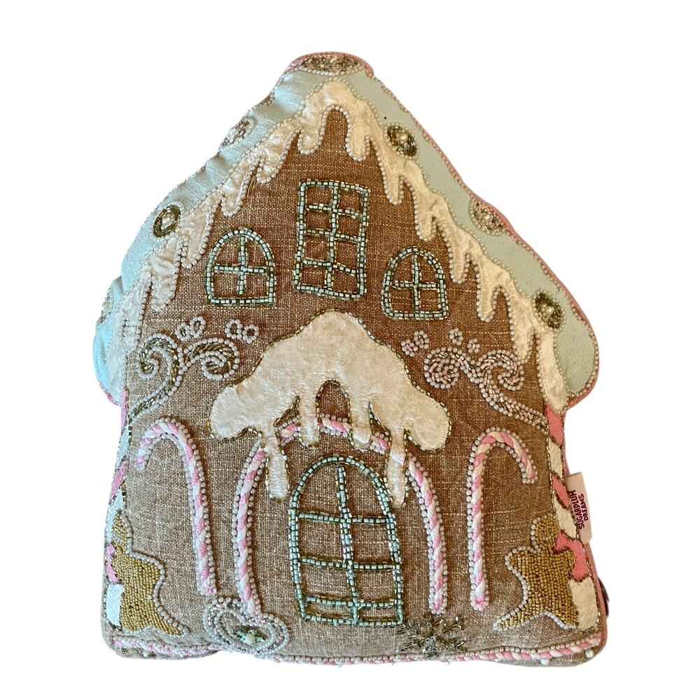 Sugarplum Dreams Christmas Gingerbread House Throw Pillow 17x15  Beaded NEW